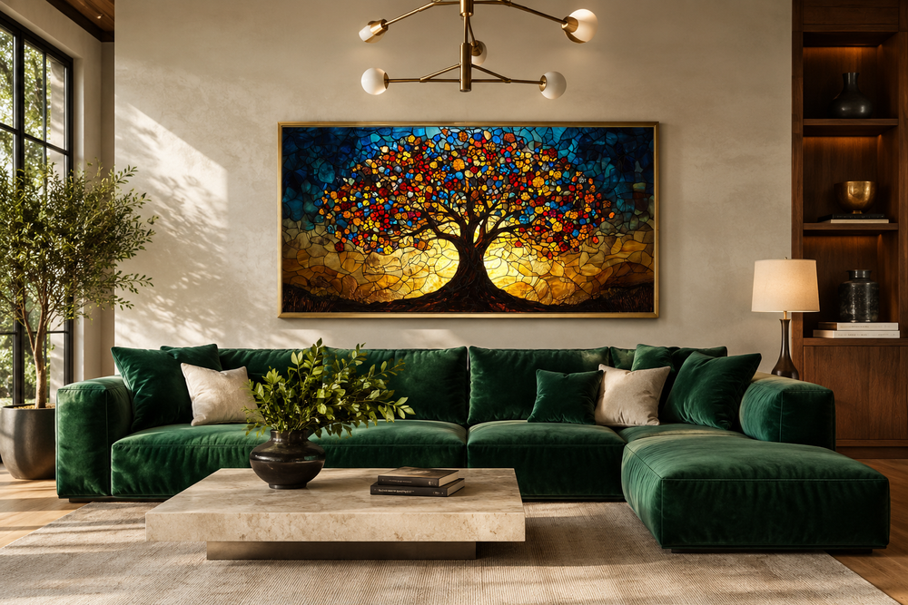 Yggdrasil framed canvas wall art in a stained glass style above a green velvet sectional sofa.