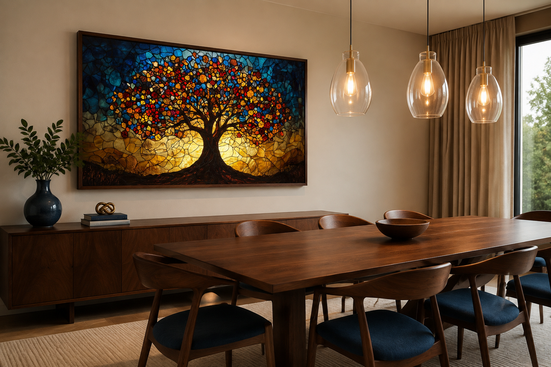 Yggdrasil framed canvas wall art in a stained glass style hanging above a dining table.