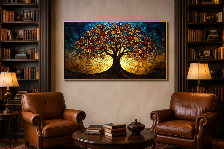 Yggdrasil framed canvas wall art in stained glass style hanging above two leather armchairs.