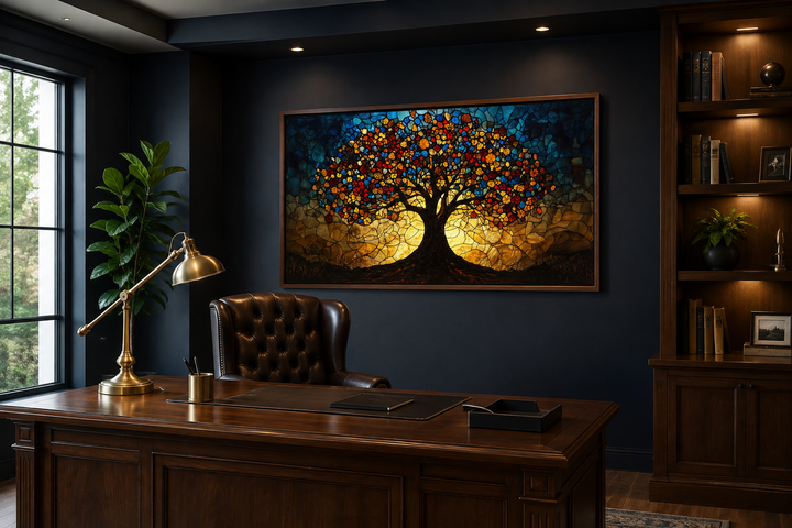 Yggdrasil framed canvas wall art in stained glass style hanging above a desk in a home office.