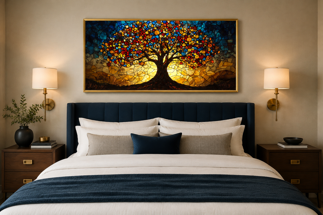 Yggdrasil framed canvas wall art in a stained glass style hanging above a bed in a bedroom.