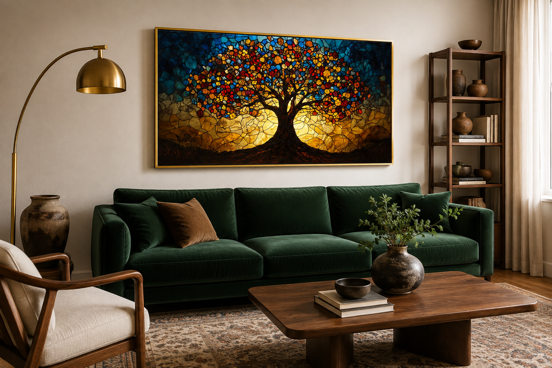 Yggdrasil framed canvas wall art featuring a stained glass style Tree of Life design.