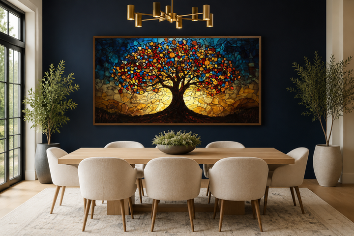 Yggdrasil framed canvas wall art in a stained glass style above a dining table in a modern room.