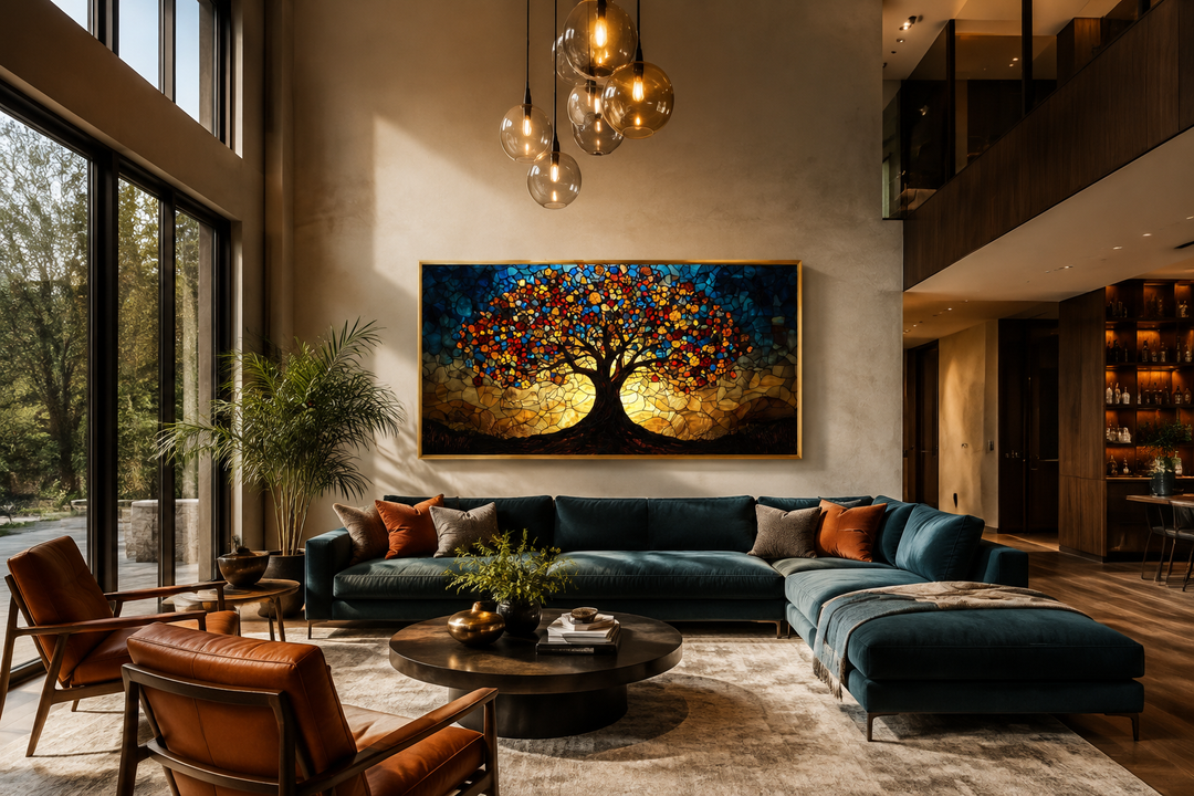 Yggdrasil framed canvas wall art in stained glass style above a blue sectional sofa in a living room