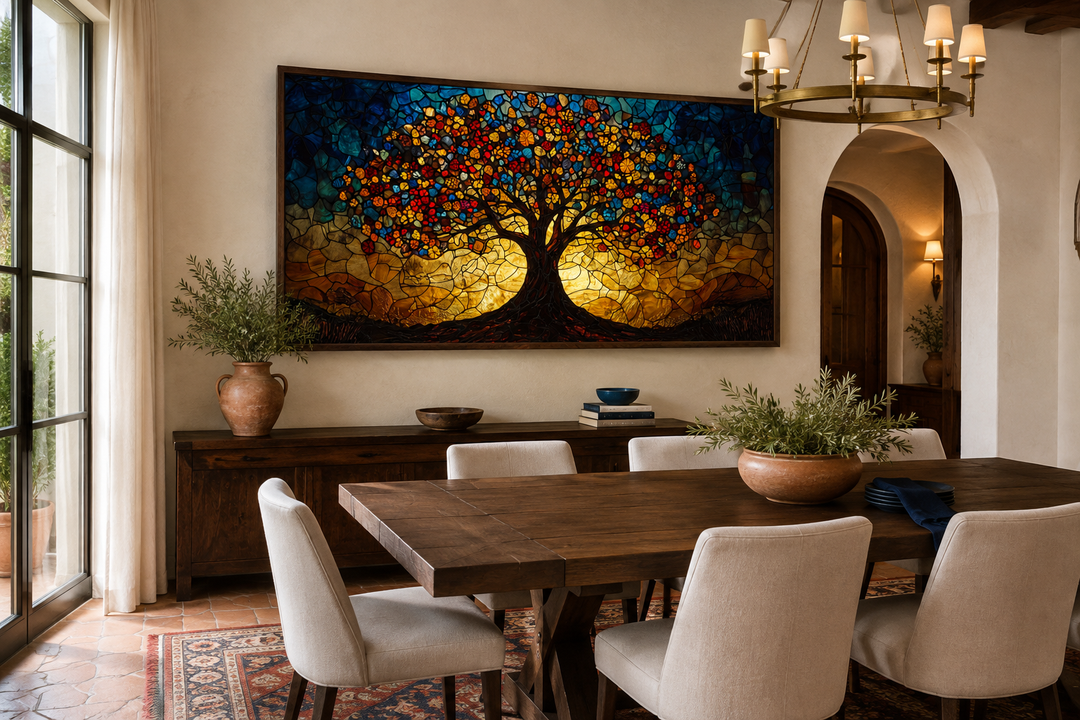 Yggdrasil framed canvas wall art in a stained glass style above a wooden dining table.