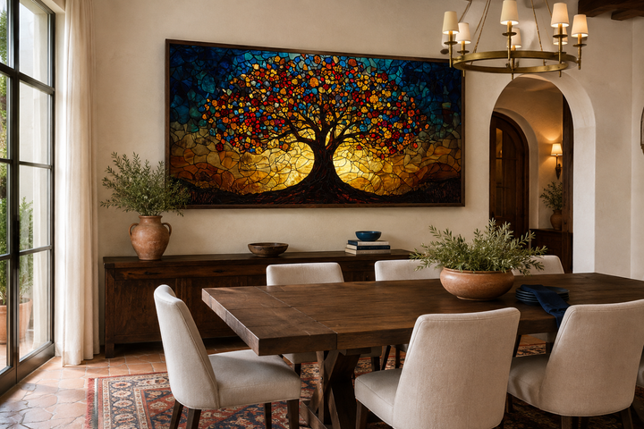 Yggdrasil framed canvas wall art in a stained glass style above a wooden dining table.