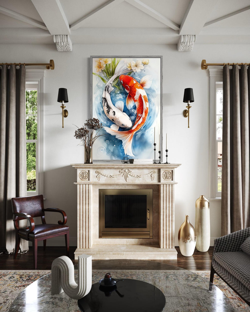 Yin Yang Red and White Koi Fish Swimming in Water Wall Art displayed above a fireplace mantel.