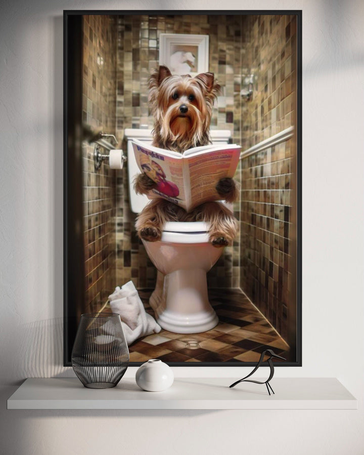 Yorkie On The Toilet Reading Newspaper Picture