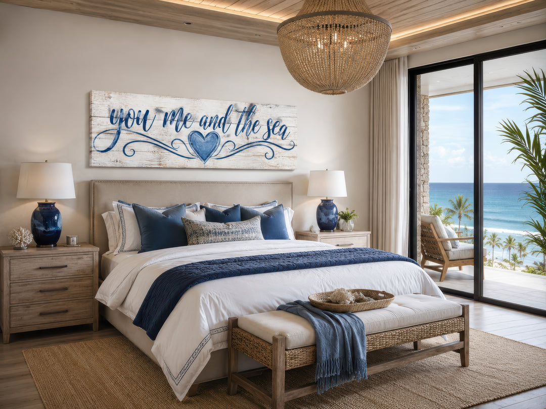 You Me And The Sea wall art in a coastal master bedroom with navy and white bedding.