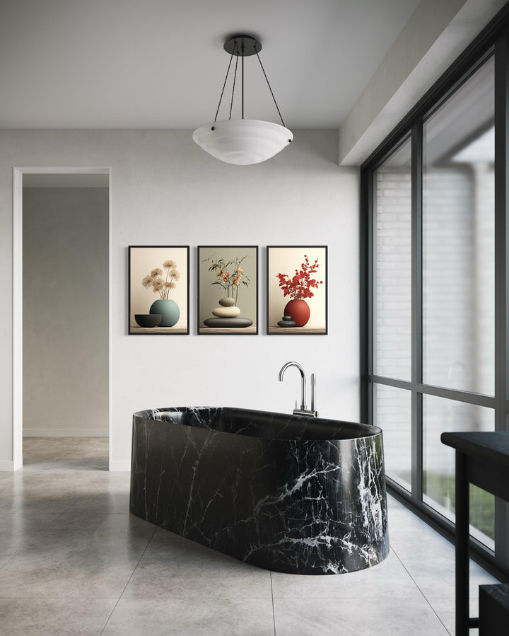 Zen Bathroom Wall Art Set of 3 – Minimalist Still Life Prints with Stacked Rocks, Vases, and Plants