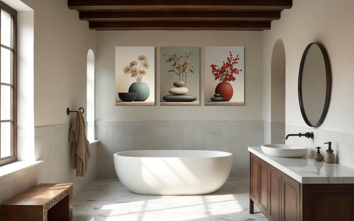 Zen Bathroom Wall Art Set of 3 – Minimalist Still Life Prints with Stacked Rocks, Vases, and Plants