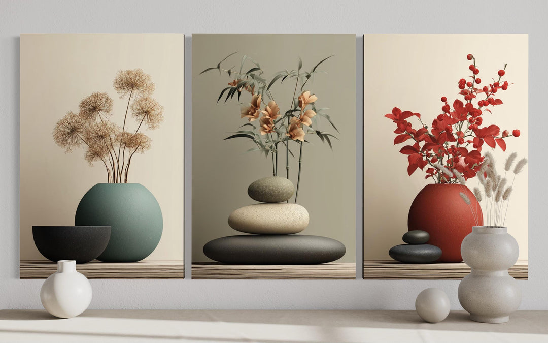 Zen Bathroom Wall Art Set of 3 – Minimalist Still Life Prints with Stacked Rocks, Vases, and Plants