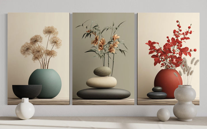 Zen Bathroom Wall Art Set of 3 – Minimalist Still Life Prints with Stacked Rocks, Vases, and Plants
