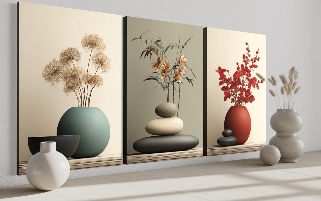 Zen Bathroom Wall Art Set of 3 – Minimalist Still Life Prints with Stacked Rocks, Vases, and Plants