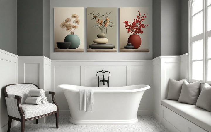 Zen Bathroom Wall Art Set of 3 – Minimalist Still Life Prints with Stacked Rocks, Vases, and Plants