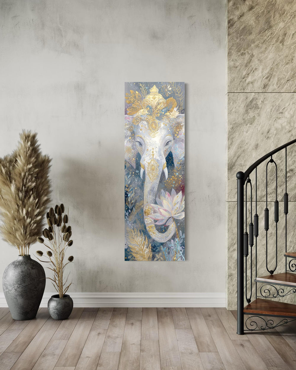 Vertical narrow canvas print of a white and gold Ganesha with a lotus flower on a neutral wall.