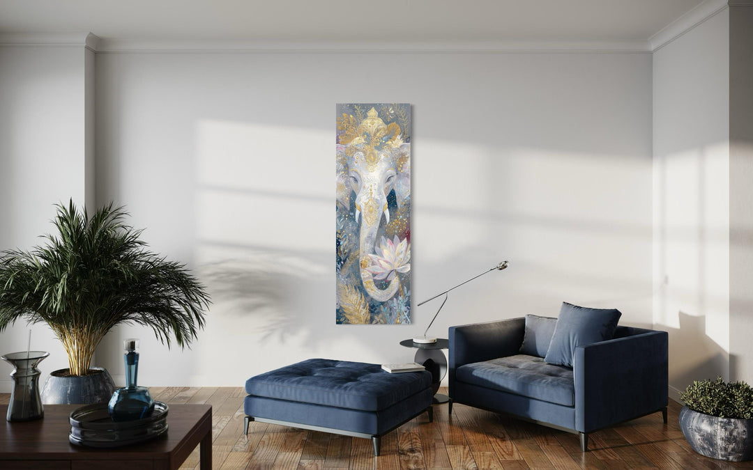Vertical narrow canvas print of a Zen Ganesha with a lotus flower in a modern living room.
