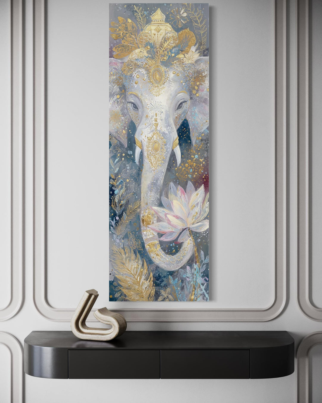 Vertical narrow canvas print of a white and gold Ganesha with a lotus flower in a zen style.