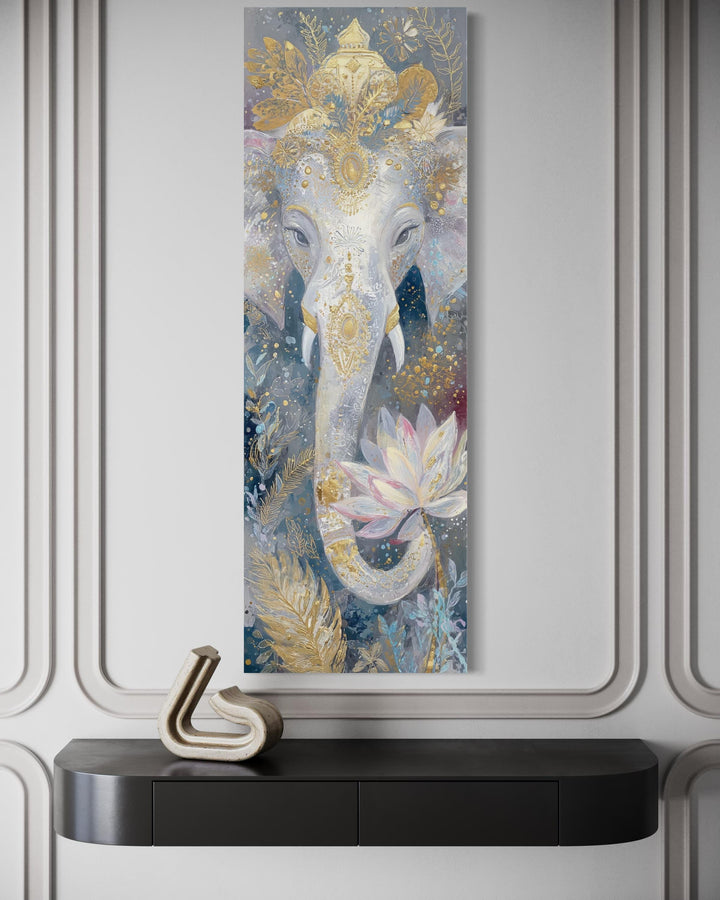 Vertical narrow canvas print of a white and gold Ganesha with a lotus flower in a zen style.