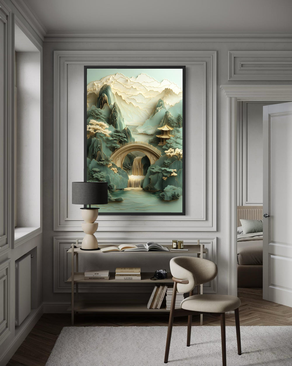 Zen Japanese Garden Pagoda and Waterfall canvas wall art in a vertical frame on a paneled wall.