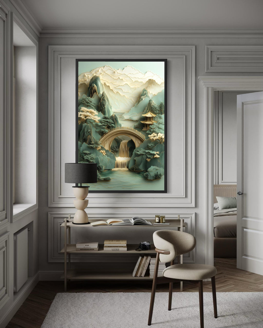 Zen Japanese Garden Pagoda and Waterfall canvas wall art in a vertical frame on a paneled wall.