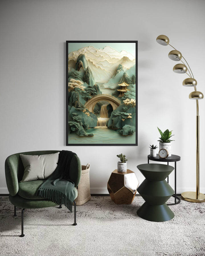 Zen Japanese Garden Pagoda and Waterfall canvas wall art in a black frame above a green armchair.