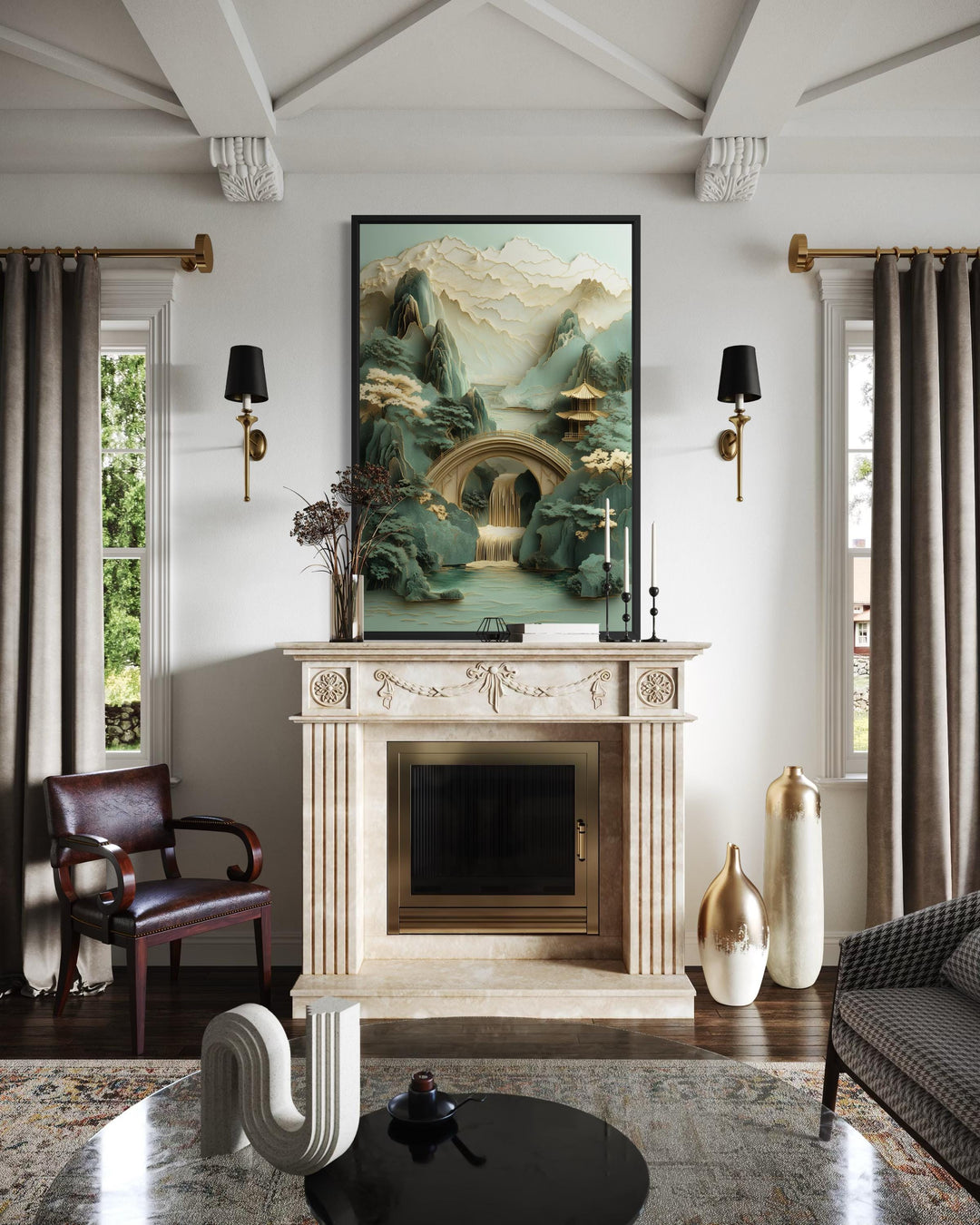 Vertical canvas wall art of a Zen Japanese garden with a pagoda, bridge, and waterfall.