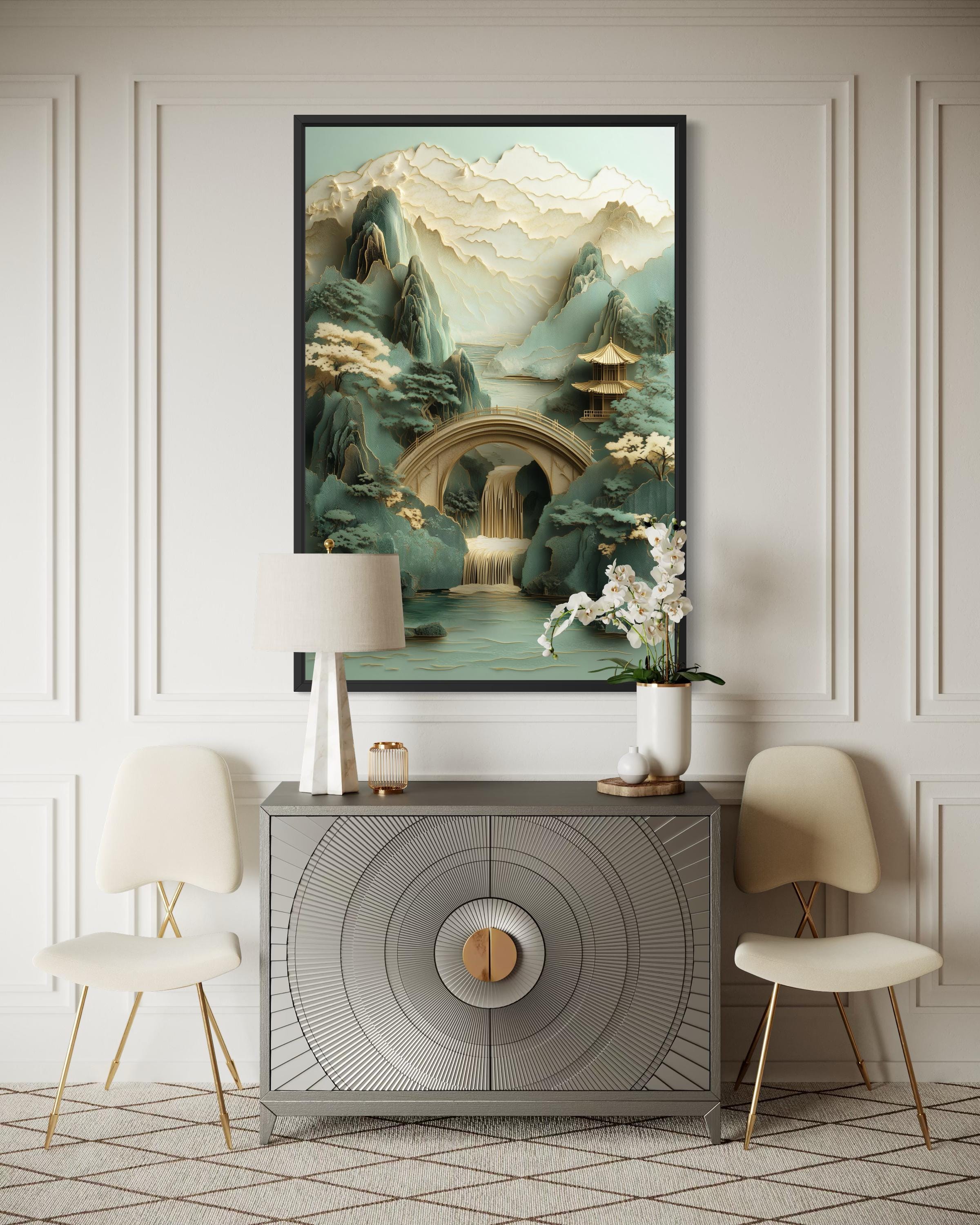 ころん　アートパネル　宮坂なこ　CANVAS+GARDEN Zen Japanese Garden Pagoda And Waterfall Canvas Wall Art – Wall