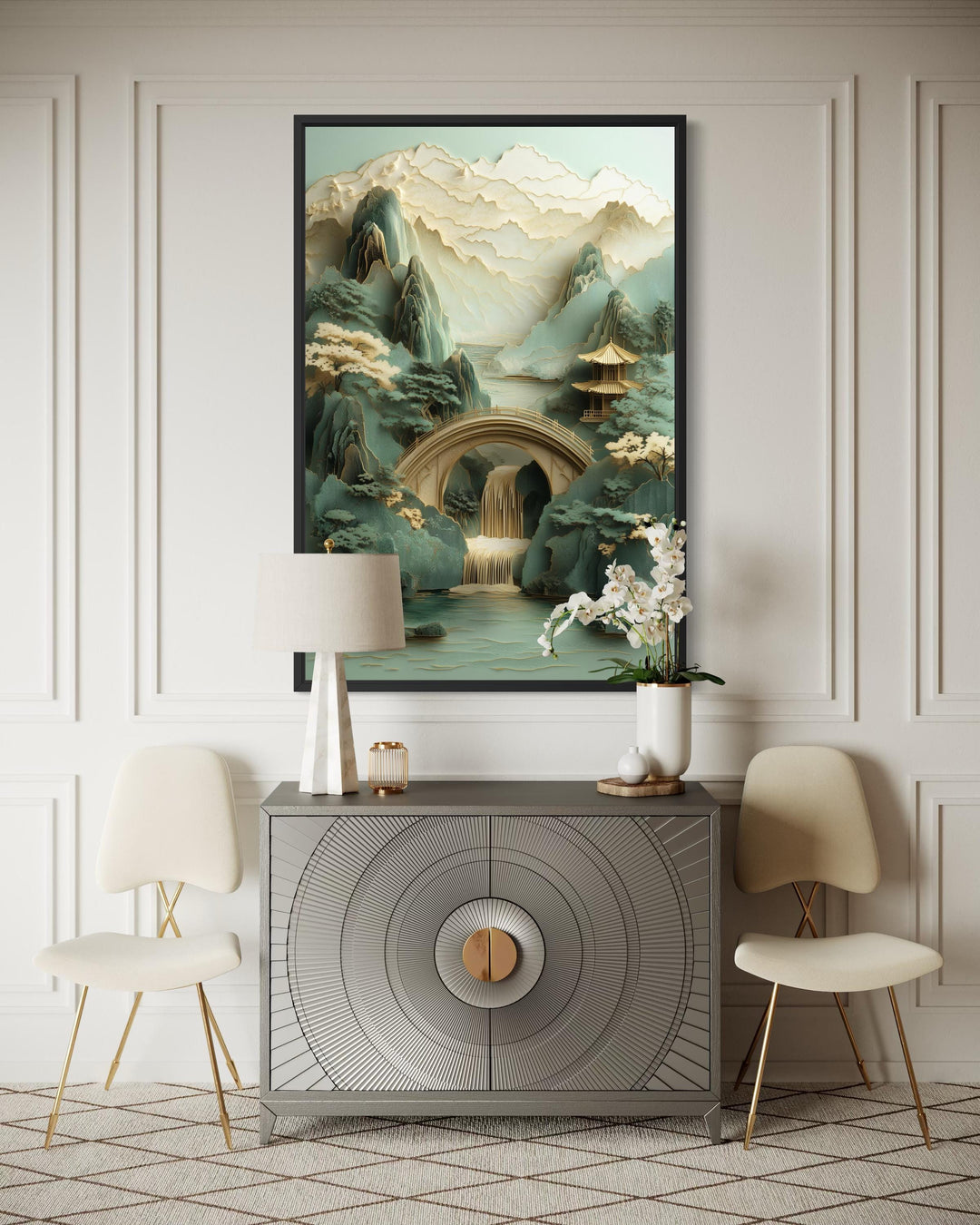 Zen Japanese Garden Pagoda and Waterfall canvas wall art in a vertical black frame.