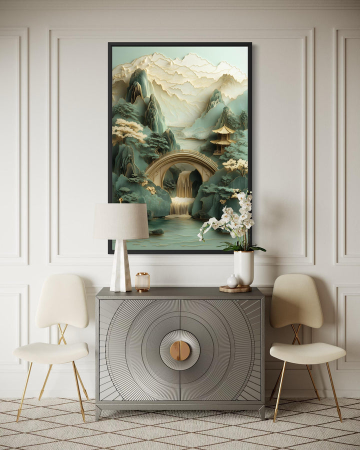 Zen Japanese Garden Pagoda and Waterfall canvas wall art in a vertical black frame.