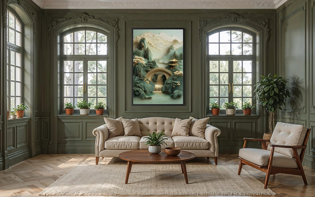 Zen Japanese garden pagoda and waterfall canvas wall art in a vertical frame above a beige sofa.