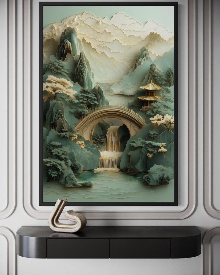 Zen Japanese garden wall art featuring a 3D-style pagoda, bridge, and waterfall in a black frame.