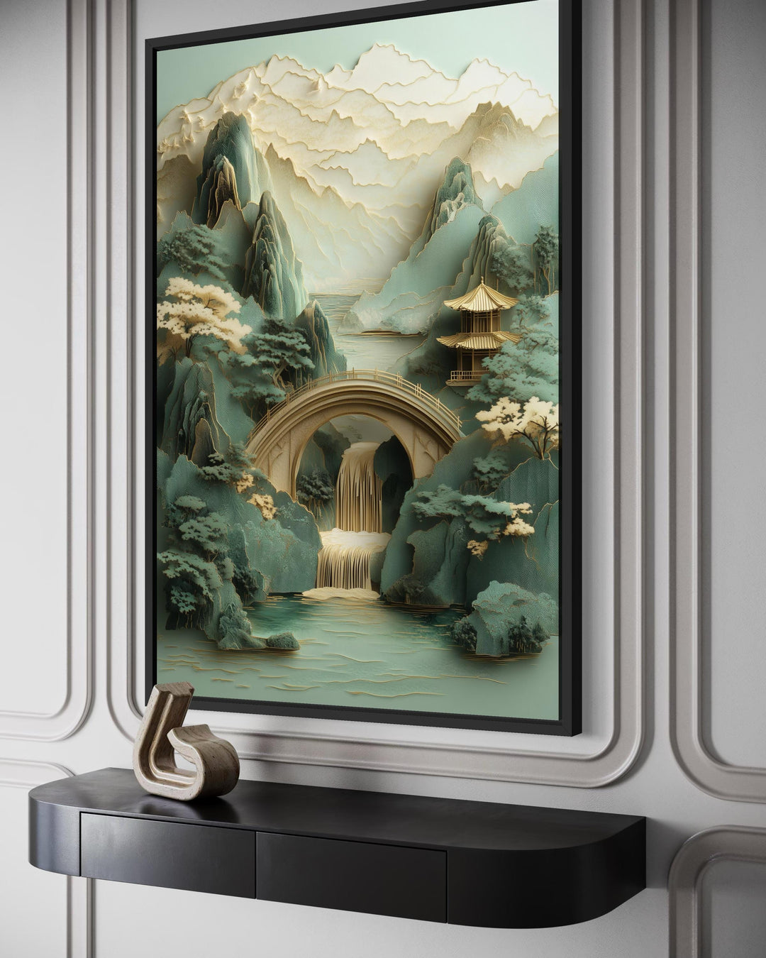 Zen Japanese garden canvas wall art featuring a 3D-style pagoda, bridge, and waterfall landscape.