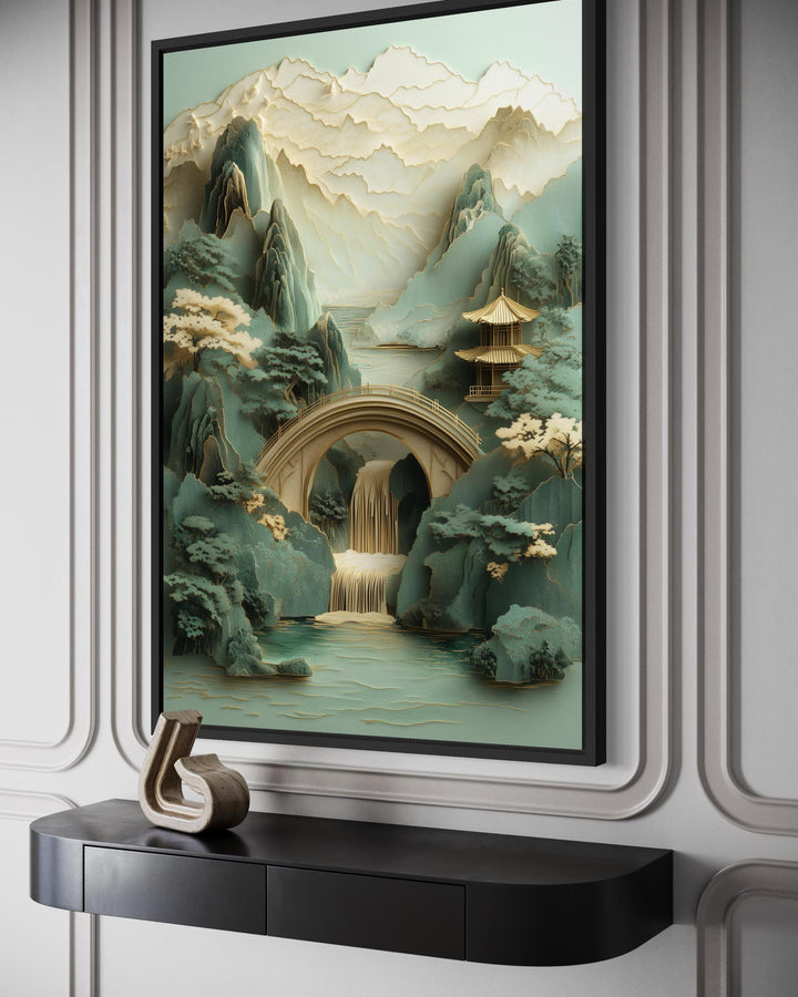 Zen Japanese garden canvas wall art featuring a 3D-style pagoda, bridge, and waterfall landscape.