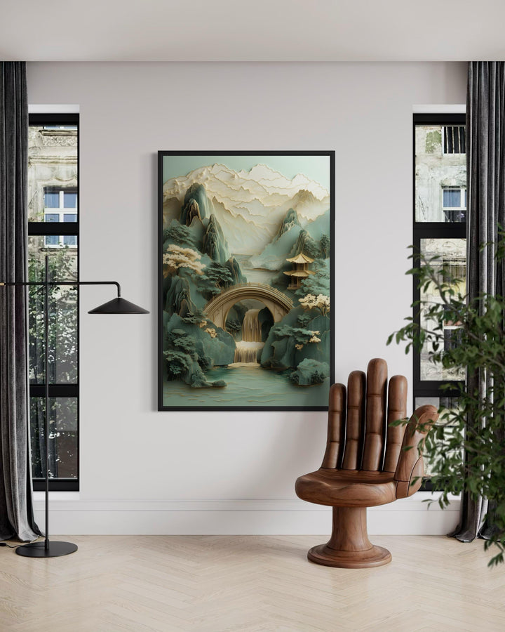 Zen Japanese Garden Pagoda and Waterfall canvas wall art in a vertical black frame.