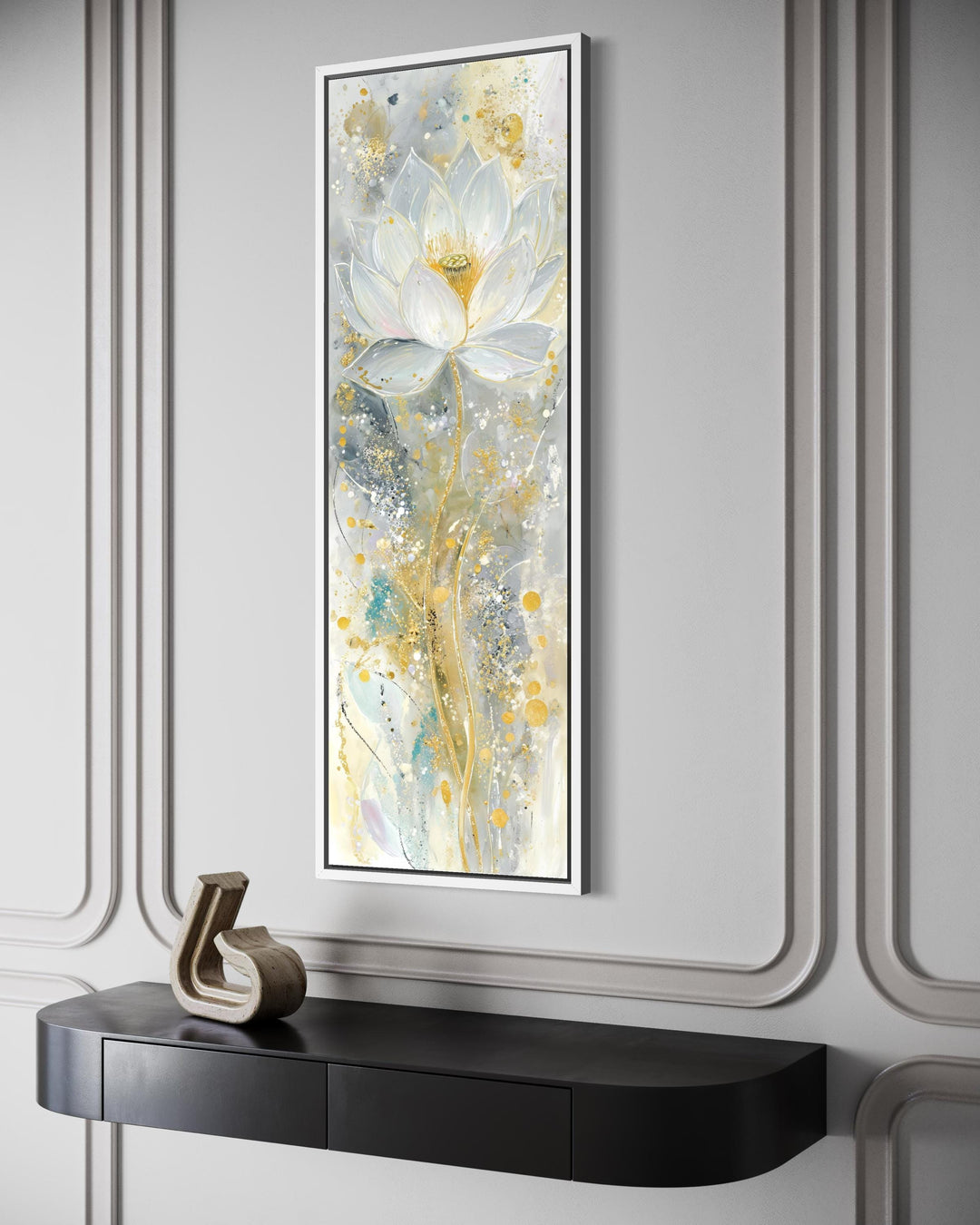 Vertical narrow canvas print of an abstract white and gold lotus flower on a neutral textured wall.