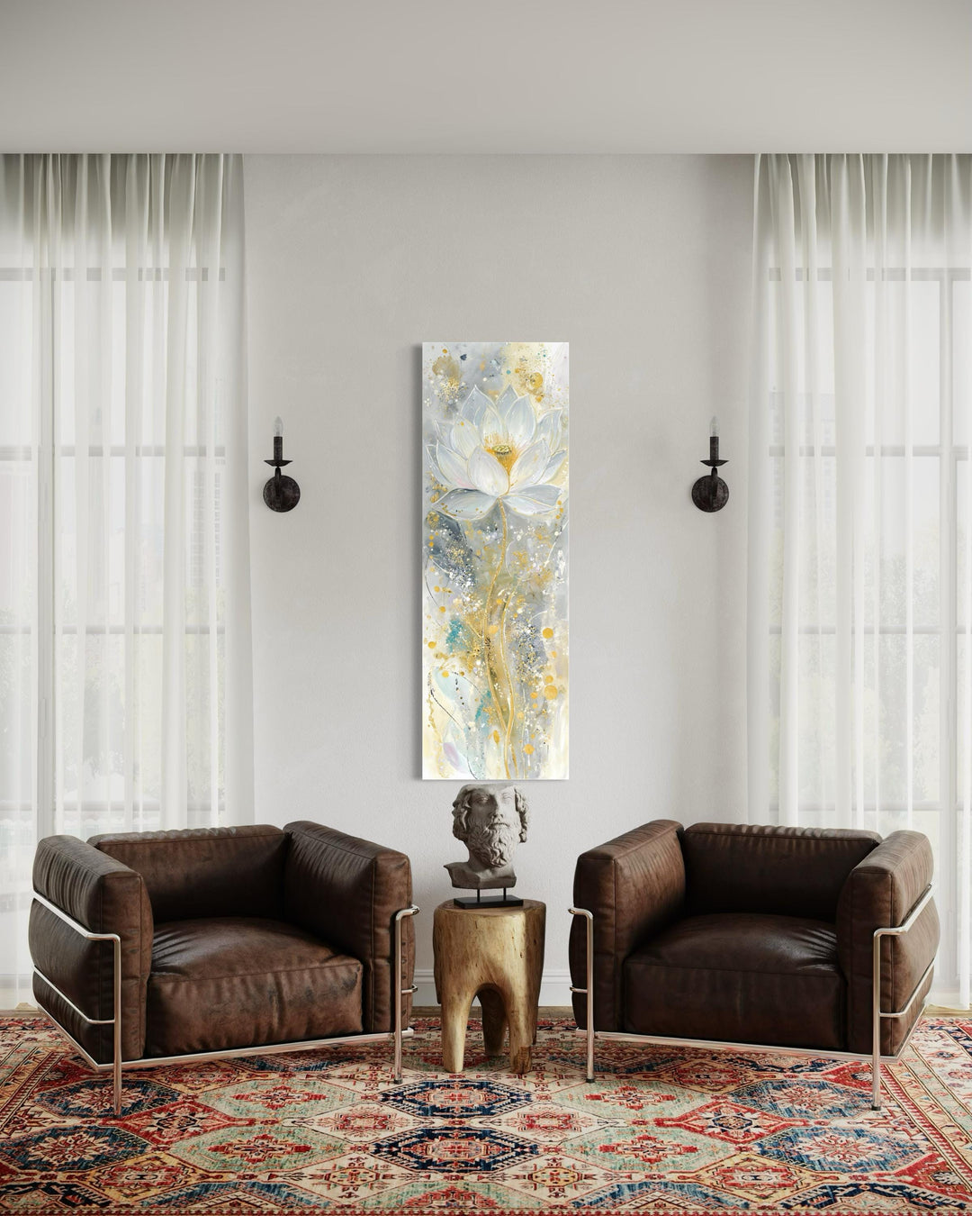 Vertical narrow canvas print of an abstract white and gold lotus flower in a modern living room.