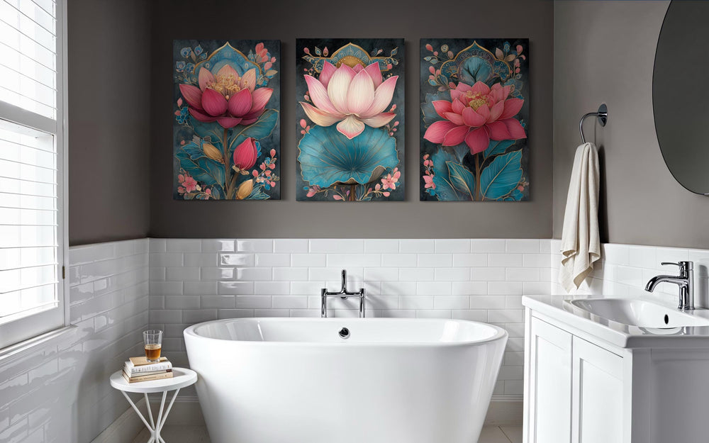 Zen Pink and Teal Lotus Flower Set of 3 Canvas Wall Art