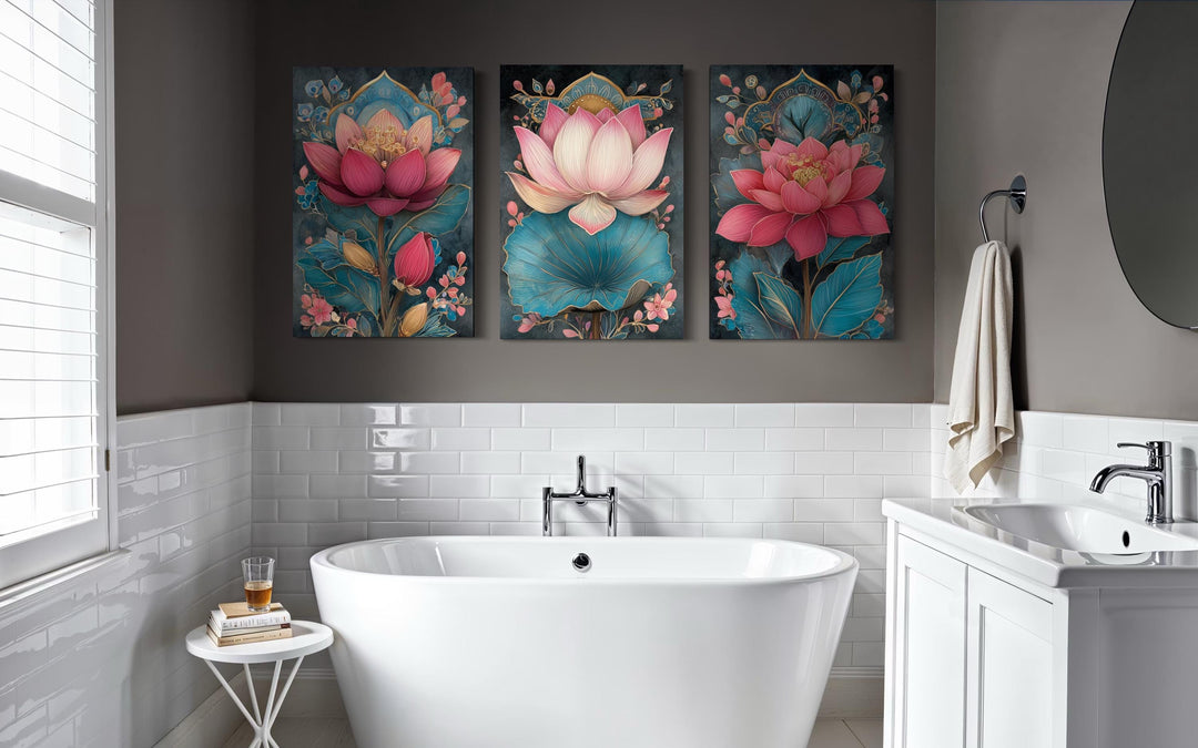 Zen Pink and Teal Lotus Flower Set of 3 Canvas Wall Art