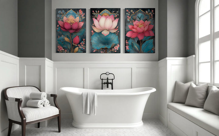 Zen Pink and Teal Lotus Flower Set of 3 Canvas Wall Art