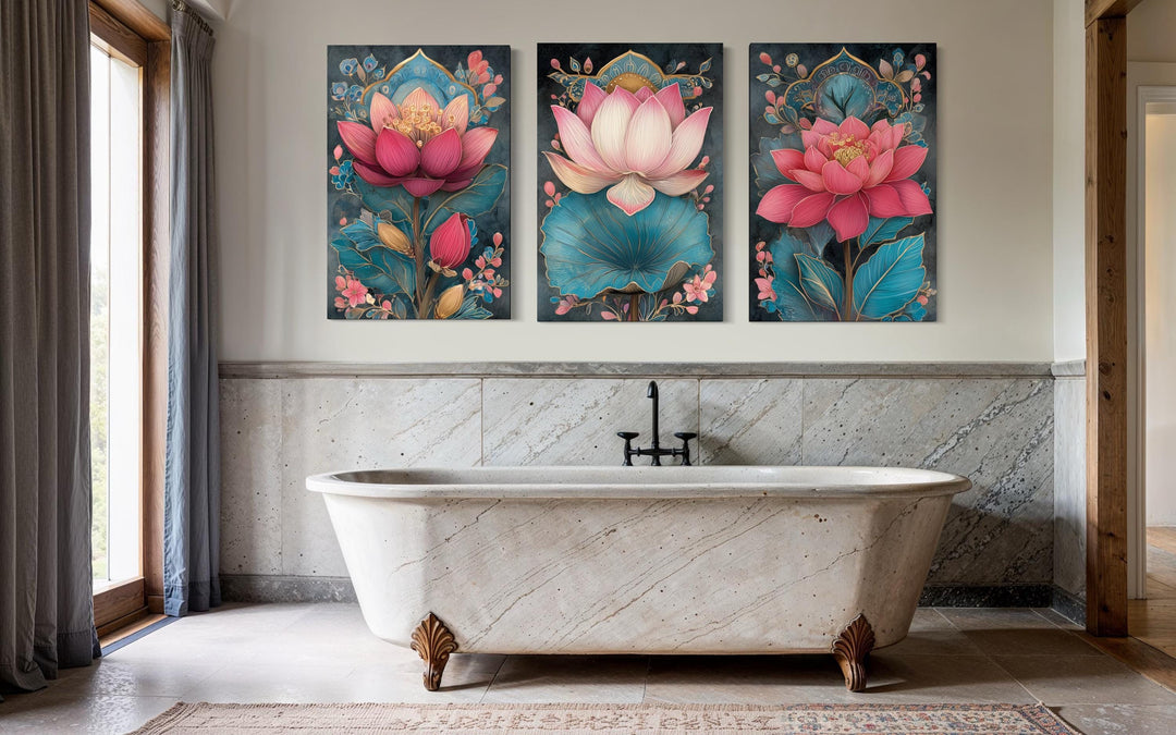 Zen Pink and Teal Lotus Flower Set of 3 Canvas Wall Art