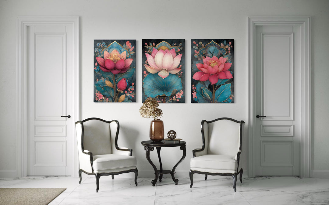 Zen Pink and Teal Lotus Flower Set of 3 Canvas Wall Art