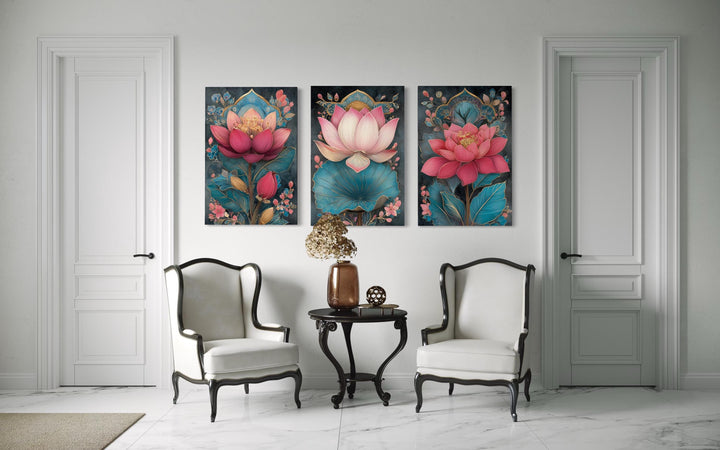Zen Pink and Teal Lotus Flower Set of 3 Canvas Wall Art