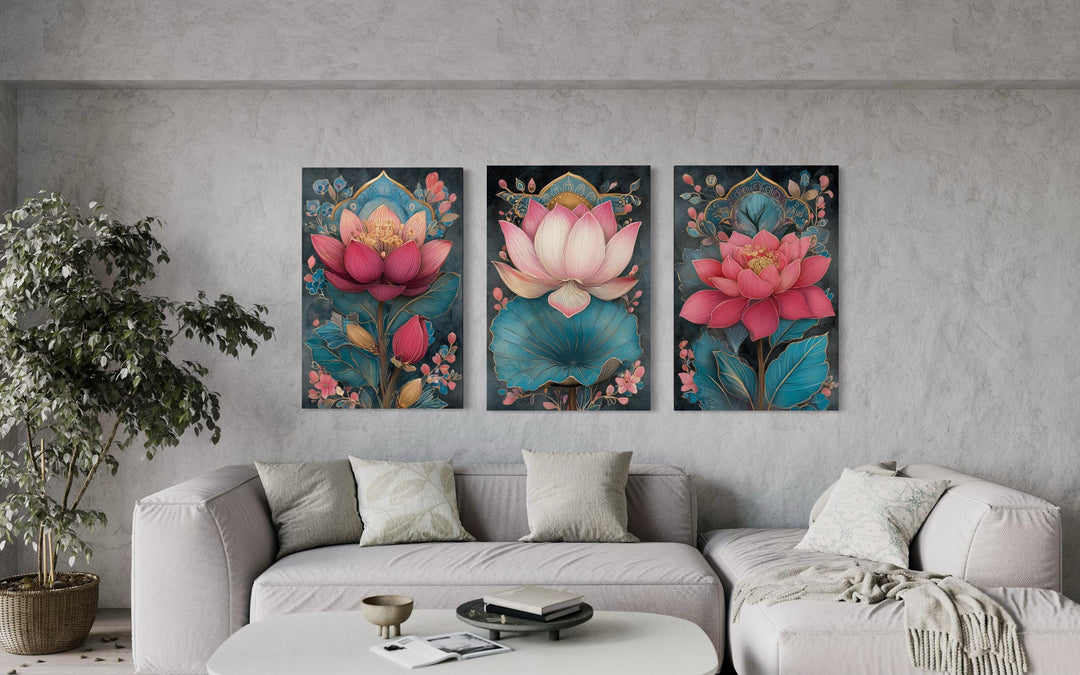 Zen Pink and Teal Lotus Flower Set of 3 Canvas Wall Art