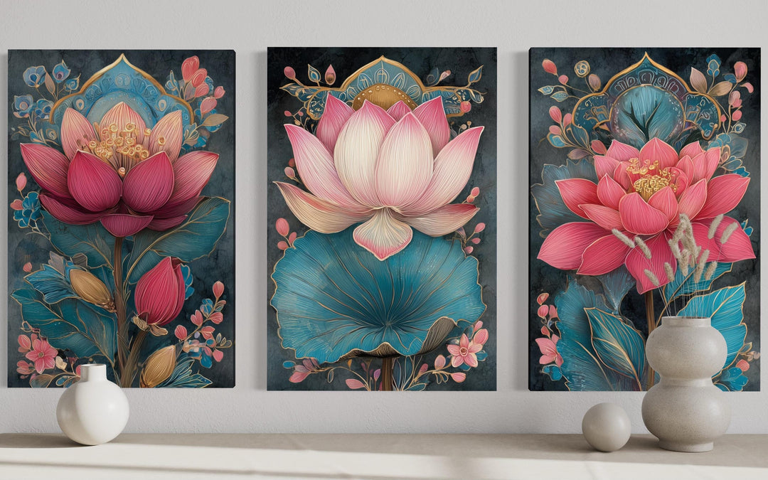 Zen Pink and Teal Lotus Flower Set of 3 Canvas Wall Art