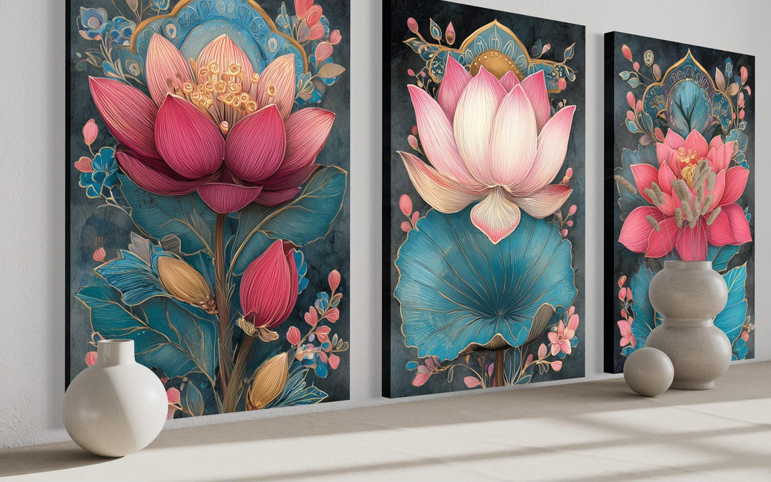Zen Pink and Teal Lotus Flower Set of 3 Canvas Wall Art