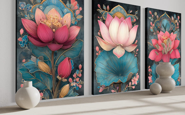 Zen Pink and Teal Lotus Flower Set of 3 Canvas Wall Art