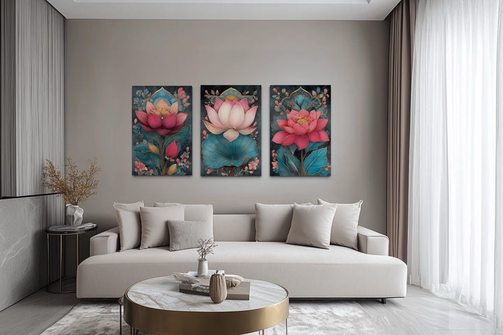 Zen Pink and Teal Lotus Flower Set of 3 Canvas Wall Art