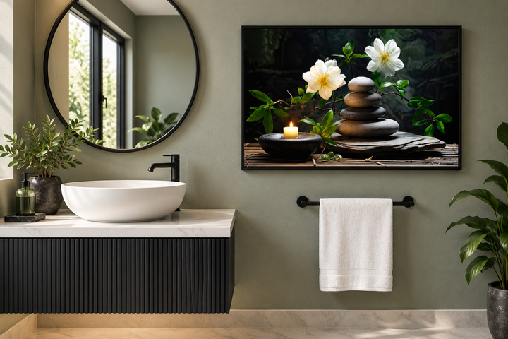 Zen wall art featuring stacked stones, white flowers, and a candle in a black frame on a green wall.