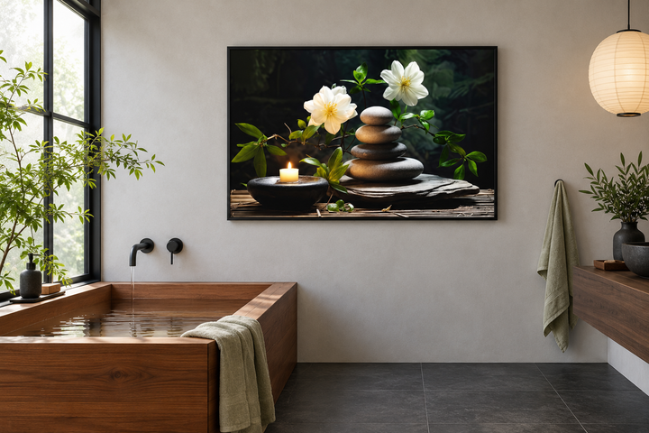 Zen stacked stones, white flowers, and a candle on a framed canvas in a modern bathroom.